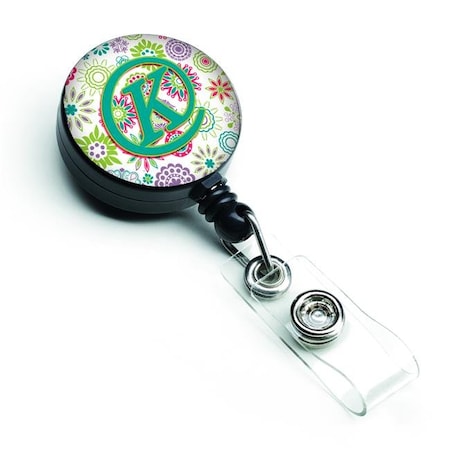 Carolines Treasures CJ2011-KBR Letter K Flowers Pink & Teal Green Initial Retractable Badge Reel